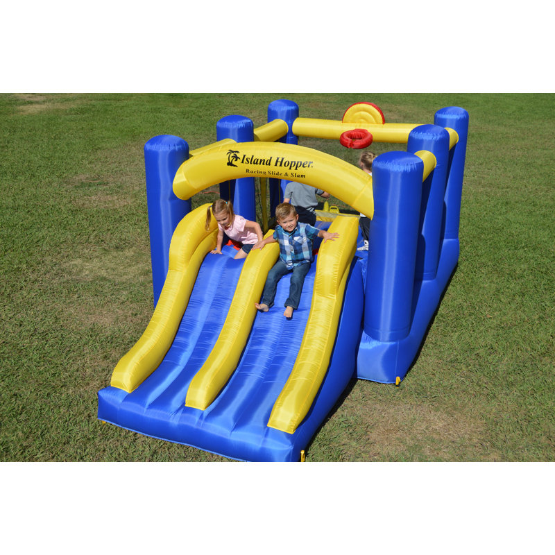 Island Hopper Blue and Yellow Bounce House with Dual Slides