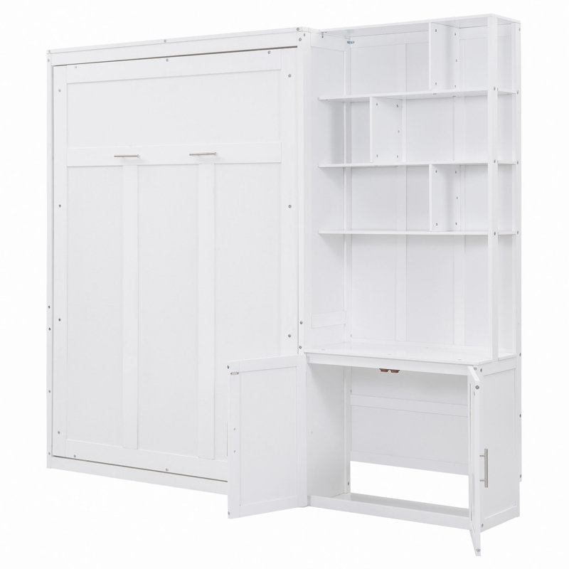 Lit escamotable avec plusieurs tablettes de rangement et une armoire, blanc