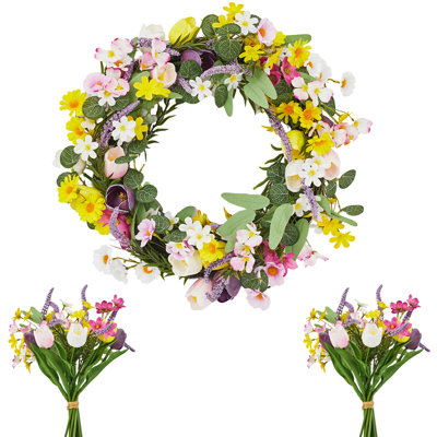 Couronne florale printanière et estivale vive pour la porte d'entrée - tulipe artificielle, fleurs de lavande et de pivoine sur une base en rotin véritable, décor intérieur de maison de campagne, 2 bouquets de soie assortis, 22 pouces