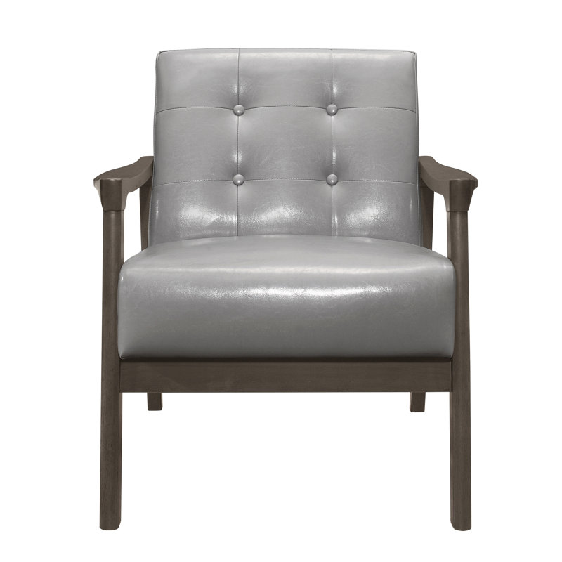 Chaise d'appoint grise en similicuir de style Mid-Century moderne et base en bois massif
