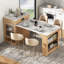 Îlot de cuisine 59,5 po avec table de salle à manger extensible, table de rangement de cuisine avec rangement double-face, îlot de cuisine avec 2 tiroirs, prise de courant, tablettes latérales ouvertes, pour la cuisine, la salle à manger, naturel-598304646