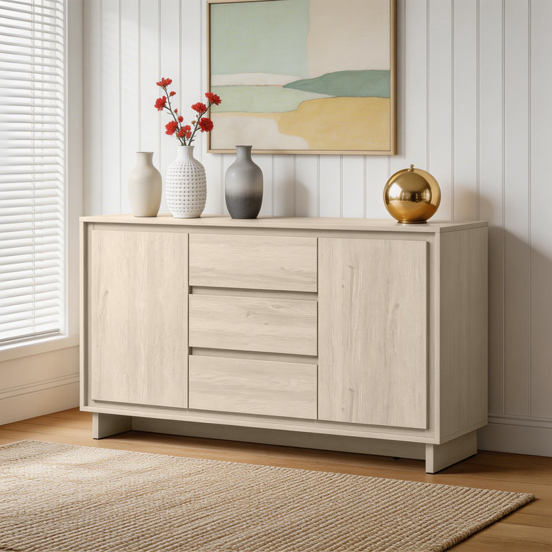 Modern Storage Cabinet With 2 Doors, 3 Drawers & Framed Edge Design, Beige