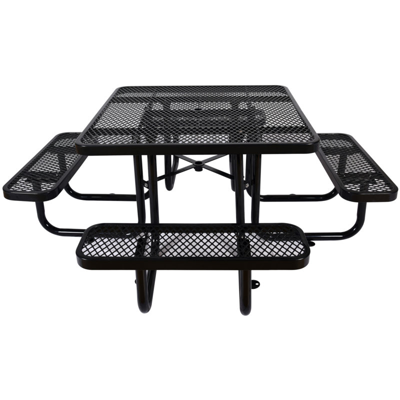 Table de pique-nique carrée d'extérieur en acier de 46 po de diamètre avec mât de parasol, Noir