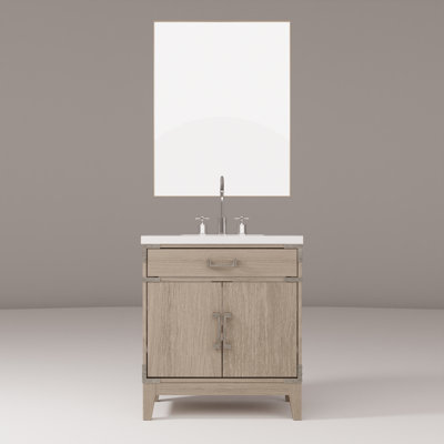 Ensemble de meuble-lavabo simple en chêne gris l 30 po x P 22 po, comptoir en quartz blanc, miroir et robinet 28 po