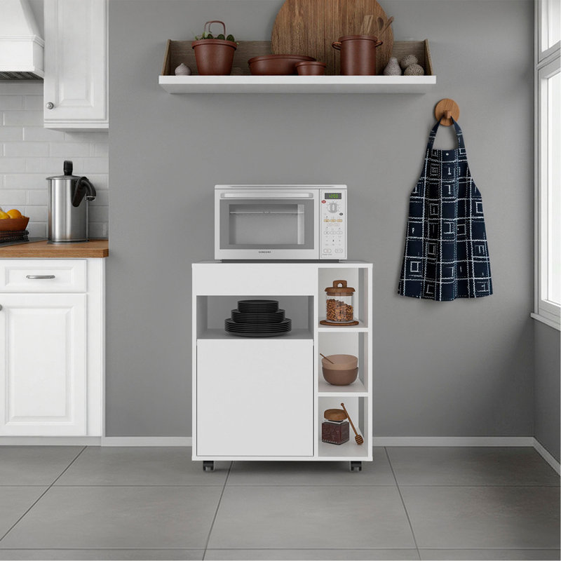 Chariot à micro-ondes Jud avec 5 tablettes, 1 porte, rangement pour armoire et roulettes, blanc