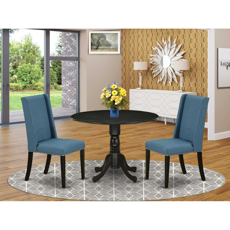 L'ensemble de table de cuisine 3 pièces comprend une table de salle à manger ronde avec Dropleaf et 2 chaises rembourrées en tissu de lin bleu, noir