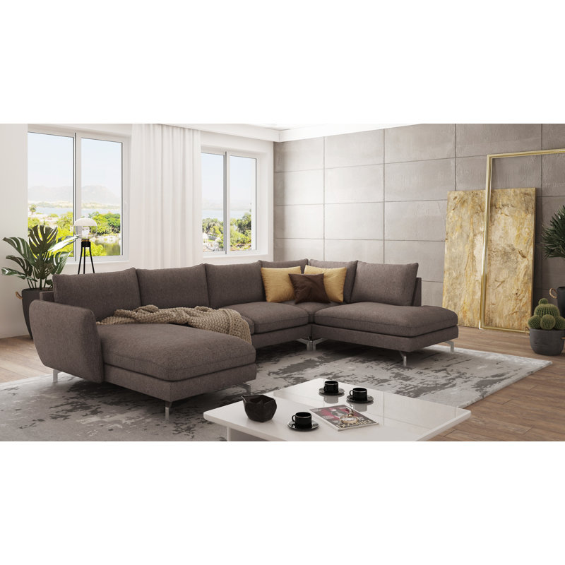 Modern U-Shape Kimo Corner Sofa with Silver Metal Legs, Left Hand Facing, Brown - Khaki