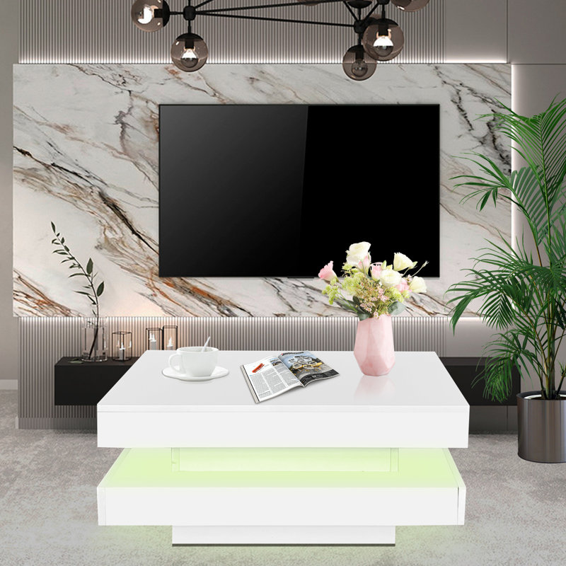 360Â° Rotating Square Coffee Table With 16-color Led Lights â€“ High Gloss Finish, Modern Tea Table, White