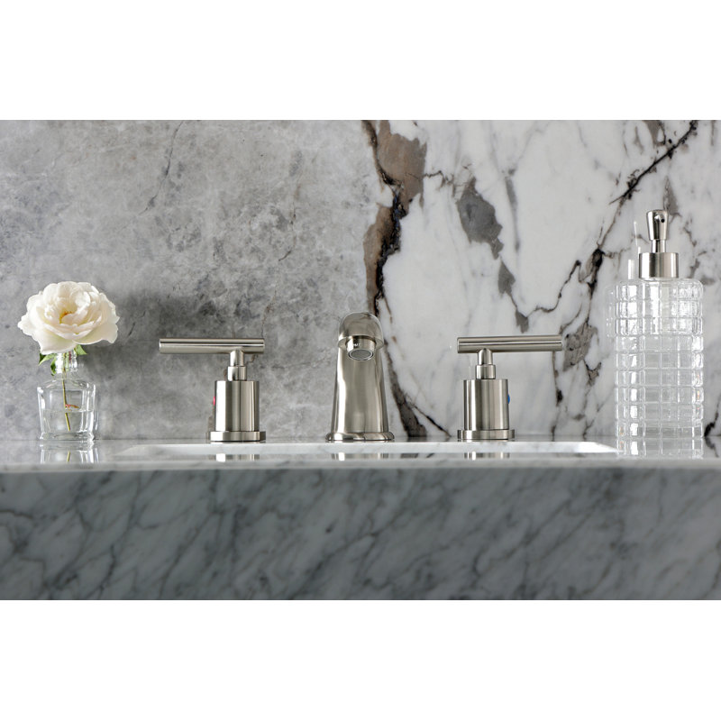 Kingston Brass Manhattan Two-Handle 3-Hole Deck Mount Widespread Bathroom Faucet with Retail Pop-Up Drain, Brushed Nickel
