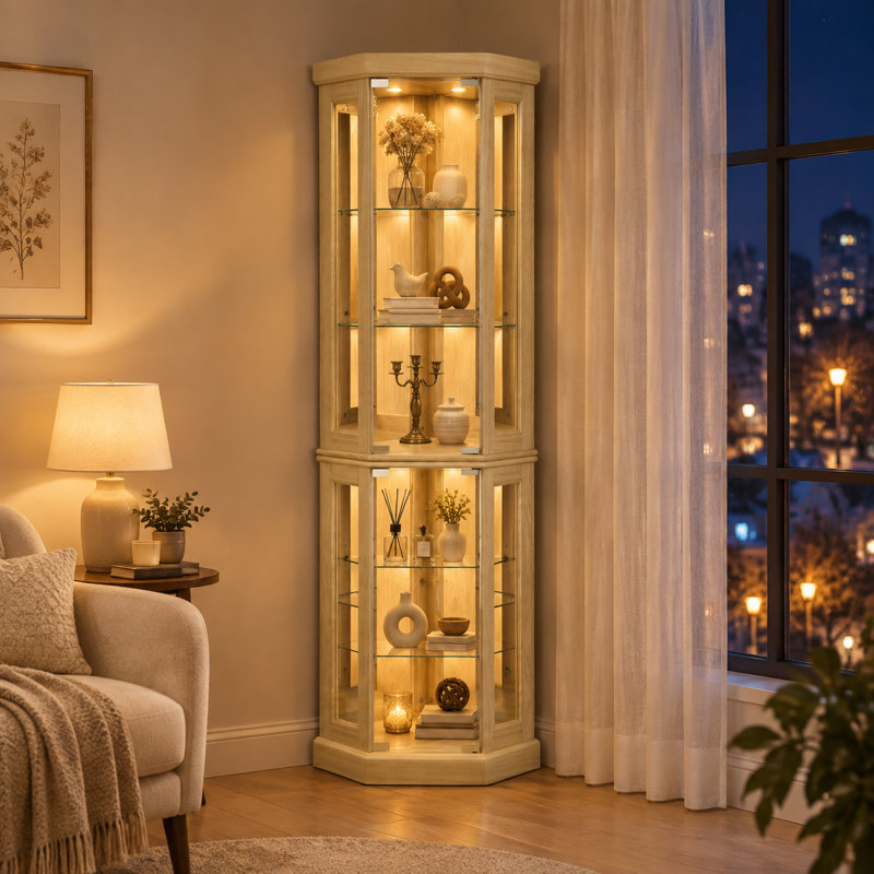Vitrine d'angle éclairée, Chêne clair