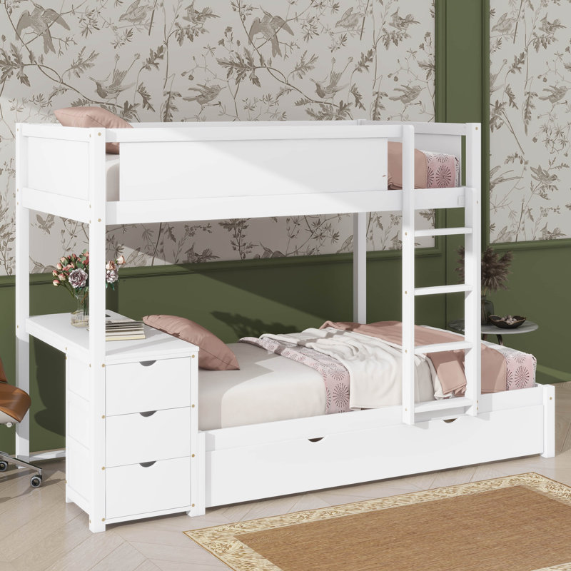 Twin-Over-Twin Bunk Bed With Twin Trundle, Storage Space & Desk, Twin over Twin, White