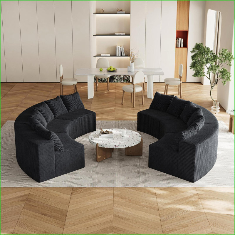 Canapé modulaire courbé modulaire 4 pièces avec 8 coussins pour le bureau du salon | Velours côtelé | Noir