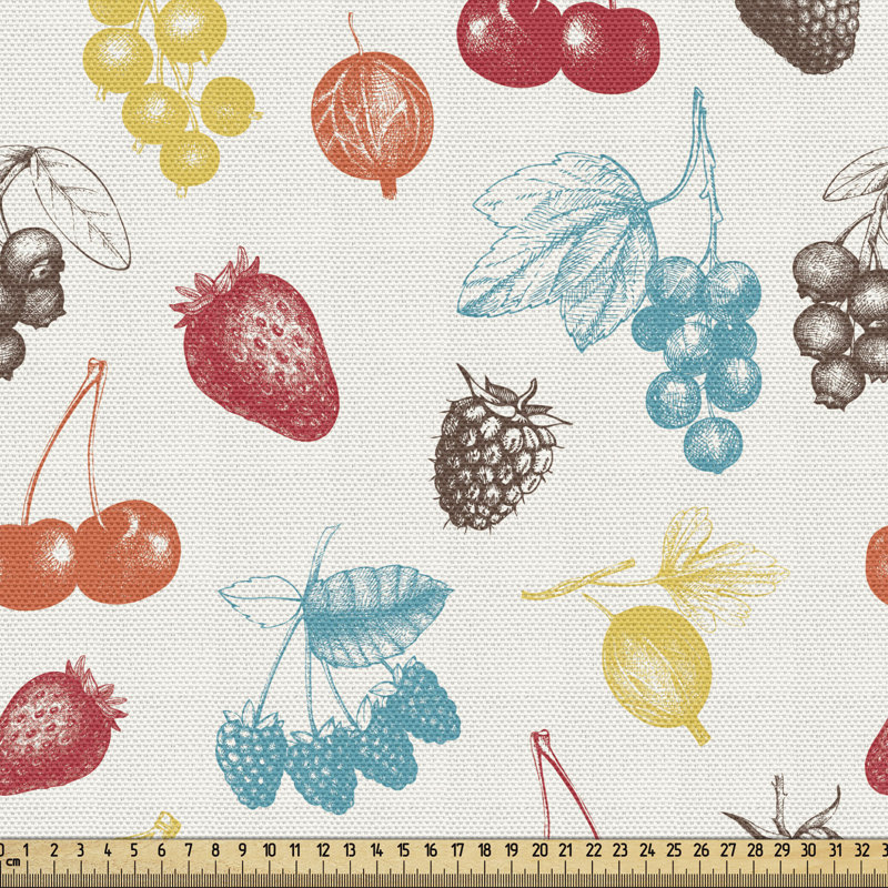 Multicolore, tissu naturel à la cour, motif de fraises, de bleuets et de cerises, images de fruits colorés, l 36 po x L 58 po