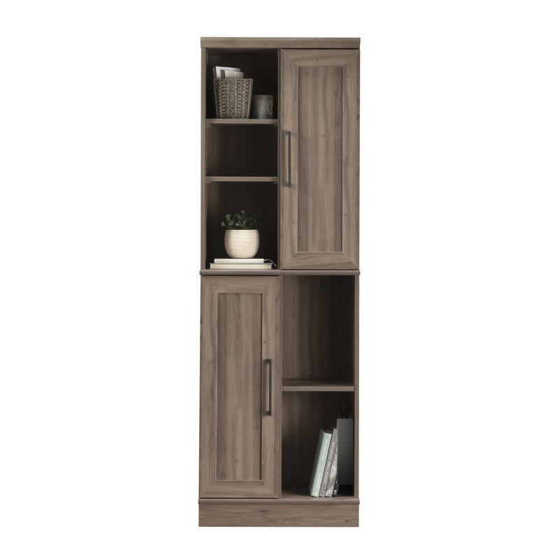 Armoire de rangement au fini brun-gris, adaptable à différents besoins, tablettes et portes réglables, idéale pour divers espaces, avec base, dimensions compactes, assemblage rapide, armoire polyvalente, gris