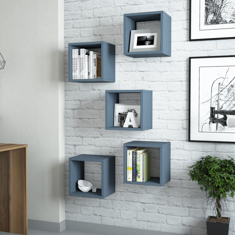 Modern Blue Wall Shelf (5 Pieces), 11.8 x 9.4 x 11.8 inches | 100% Melamine Coated Particle Board, Thickness: 0.7 inches | Stylish Storage Solution, Perfect for Home Decor & Organizing Spaces