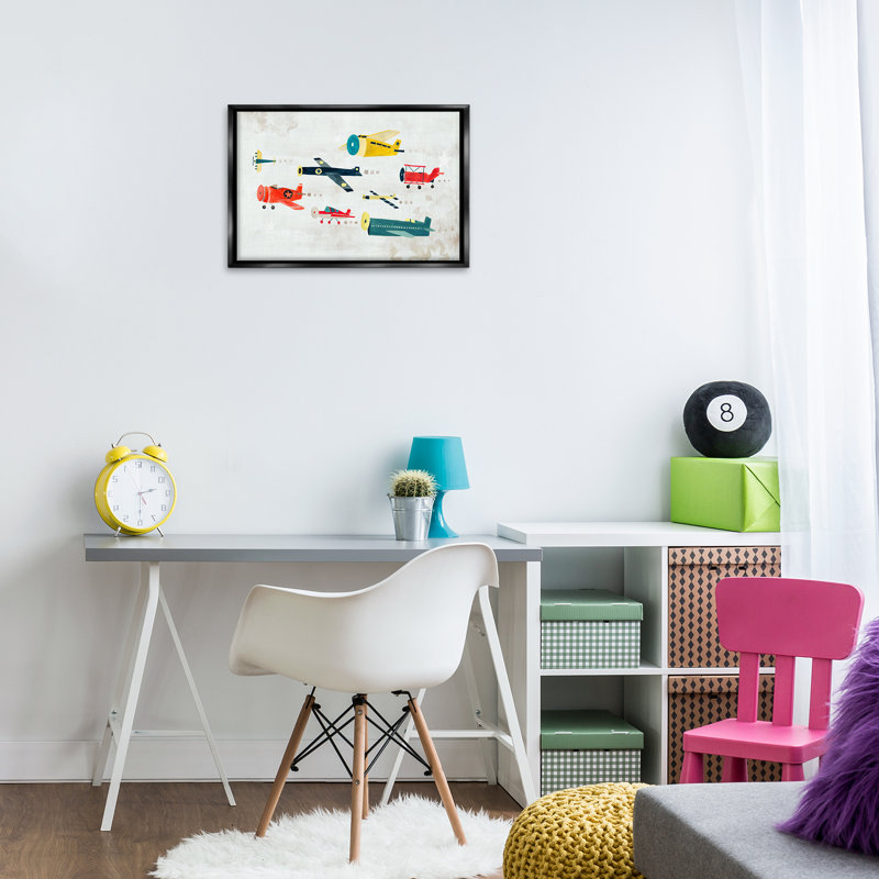Toile flottante encadrée avec divers avions rétro par Irene Chan, H 17 po x l 25 po, Cadre flottant gris lustré