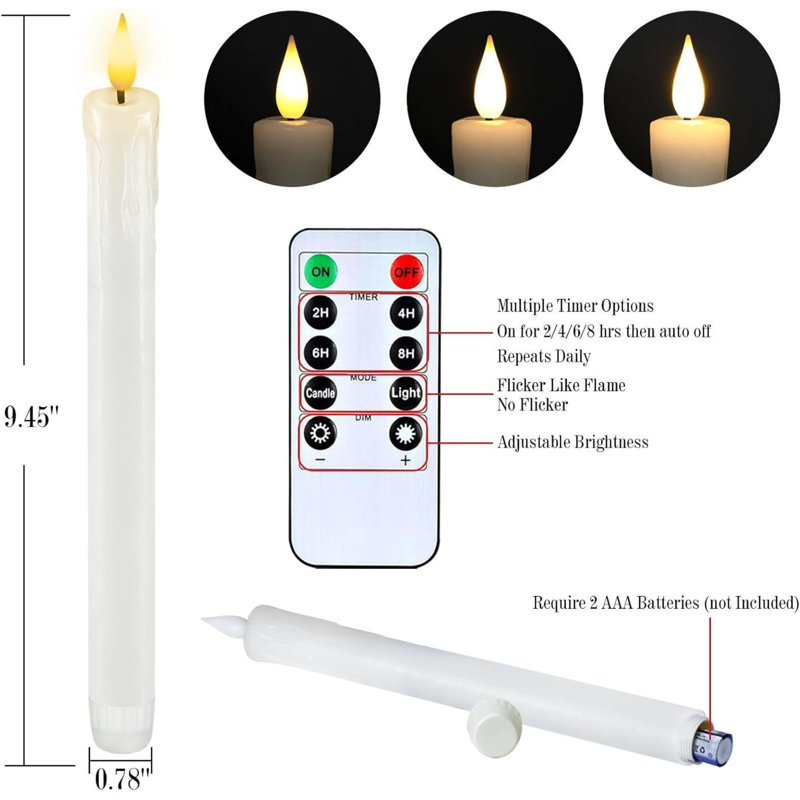 2 Pack 9.6 inch 3D Wick Flickering Flame Taper Candles with Remote and Timer, LED Candle Sticks Battery Power, Dripless Real Wax Window Candles