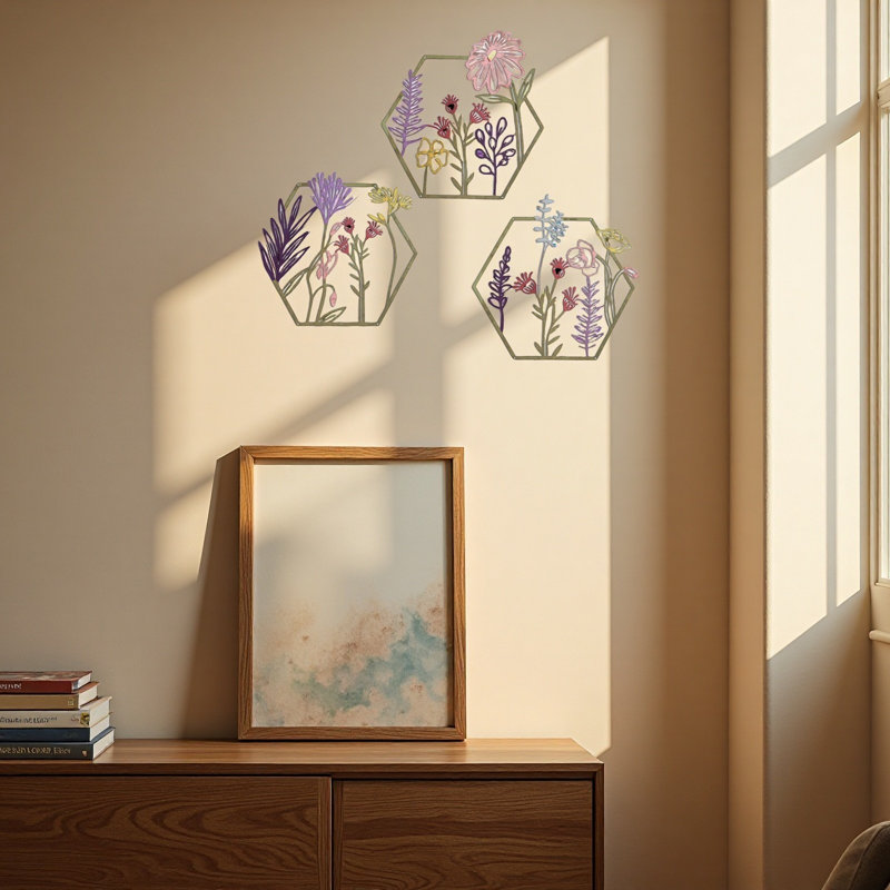 Décoration murale fleur en métal 3 pièces, Vert / multicolore