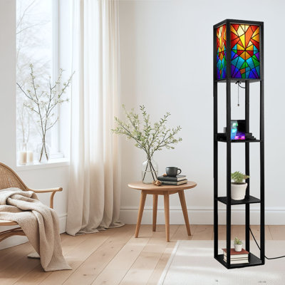Lampe sur pied à DEL à intensité variable, impression sur vitrail, mosaïque de fenêtre colorée, lampe sur pied en panneau de fibres à densité moyenne avec télécommande, lumière 3 couleurs, pour le salon, la chambre à coucher