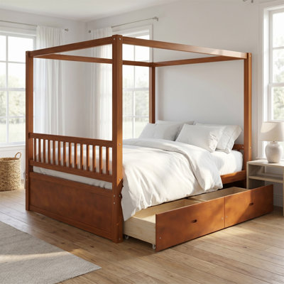 King-large Wooden Bed Frame, Four-poster Bed With Storage Drawers, Suitable For The Bedroom