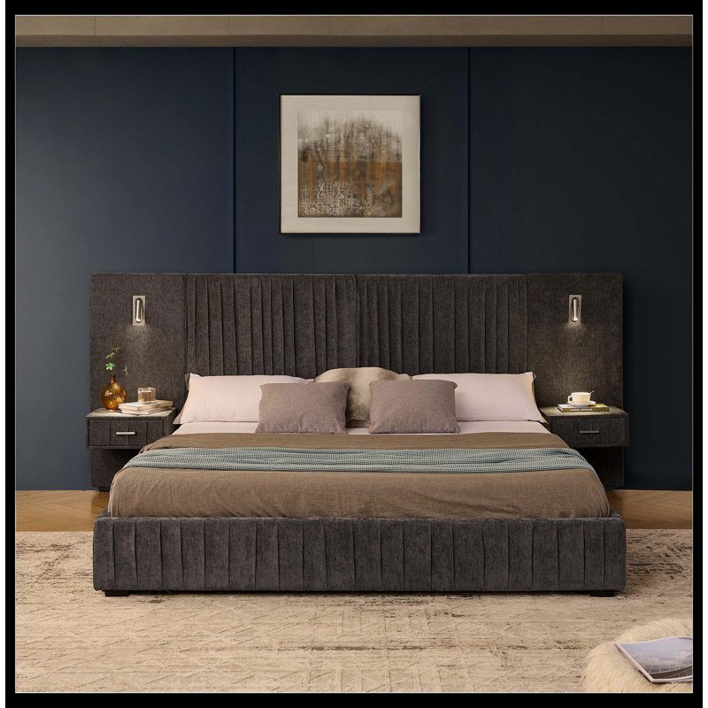 King Size Upholstered Bed Frame With Chenille Fabric With Pleated Design,Grounded King Size Platform Bed With Headboard And Solid Frame And The Bedside Table.No Box Spring Needed-DARK GREY