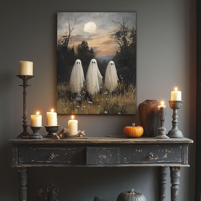P&L Art. Halloween Canvas Wall Decor, Three Ghosts In Wildflower Field Full Moon Picture Print Poster Retro Wall Painting Witchy Artwork Victorian Gothic Pictures Eerie Aesthetics for Bedroom 11x14inch