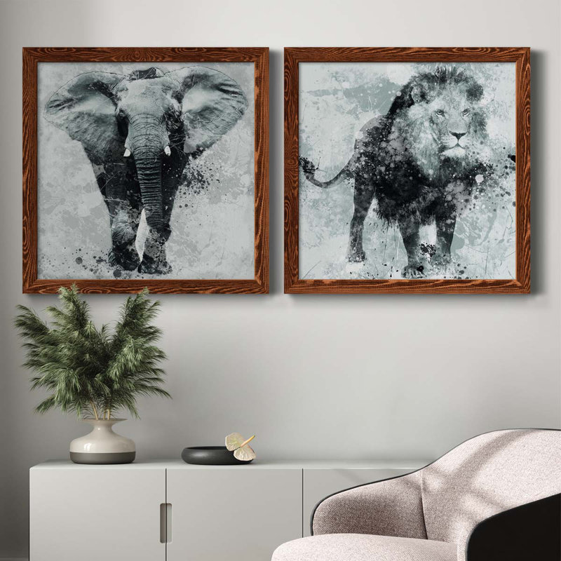 Proud Elephant - ensemble de 2 peintures sur toile encadrées, H 27,5 po x l 55 po x P 1,5 po, Cadre en érable