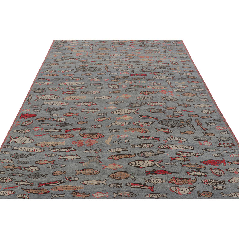 Rug & Kilim’S Mid-Century Rug In Blue With Colorful Fish Pictorials, Rectangle 5' x 7'