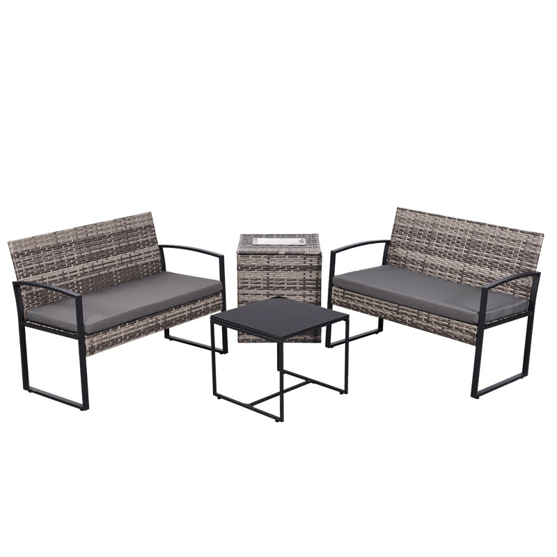 Patio Furniture Set W/removable Ice Bucket Storage Box - Pe Rattan All Weather Outdoor Conversation Set W/cushioned Benches & Glass Top Table For Backyard Garden Balcony Pool
