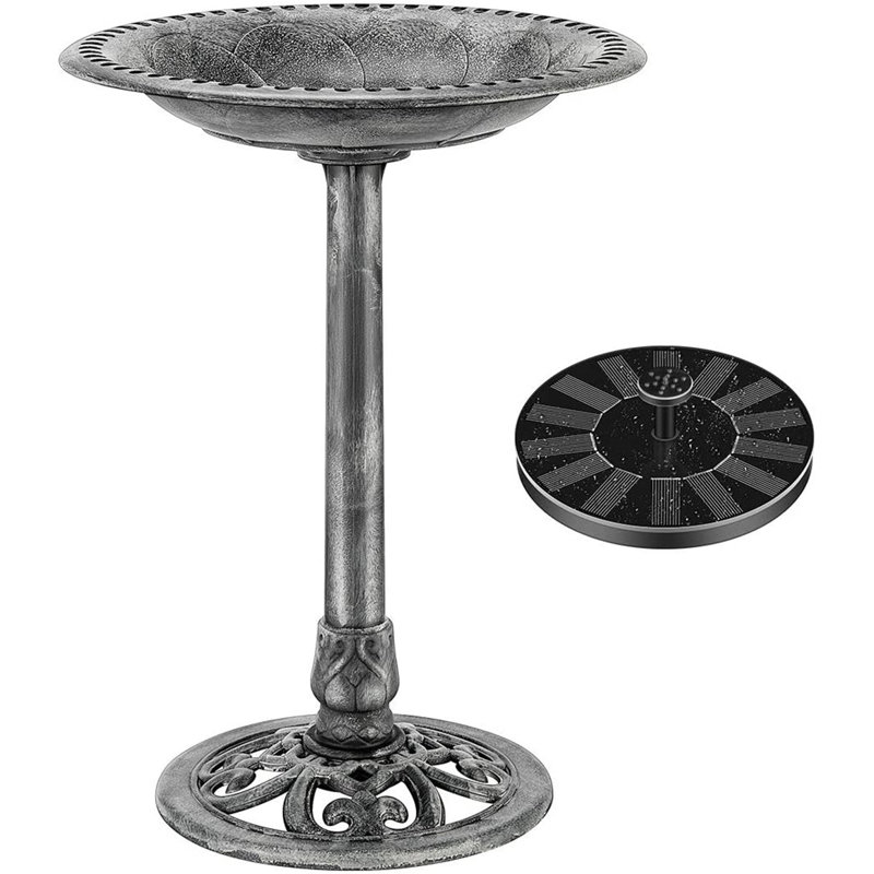 Outdoor Polyresin Antique Bird Bath with Solar Powered Round Pond Fountain, Gray