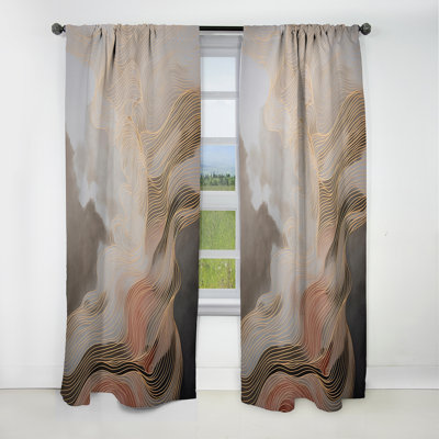 Gold And Grey Linear Expressions I - Line Art Curtain - Blackout Abstract Curtain - 1 Panels