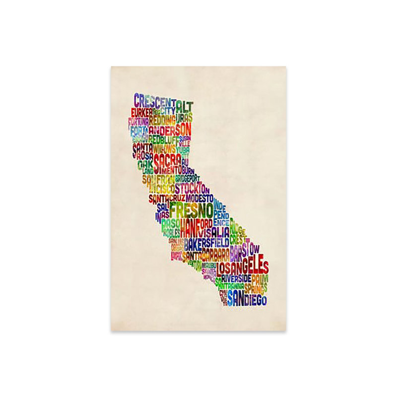 Impression de carte typographique californienne sur verre acrylique, H 24 po x l 16 po x P 0,25 po