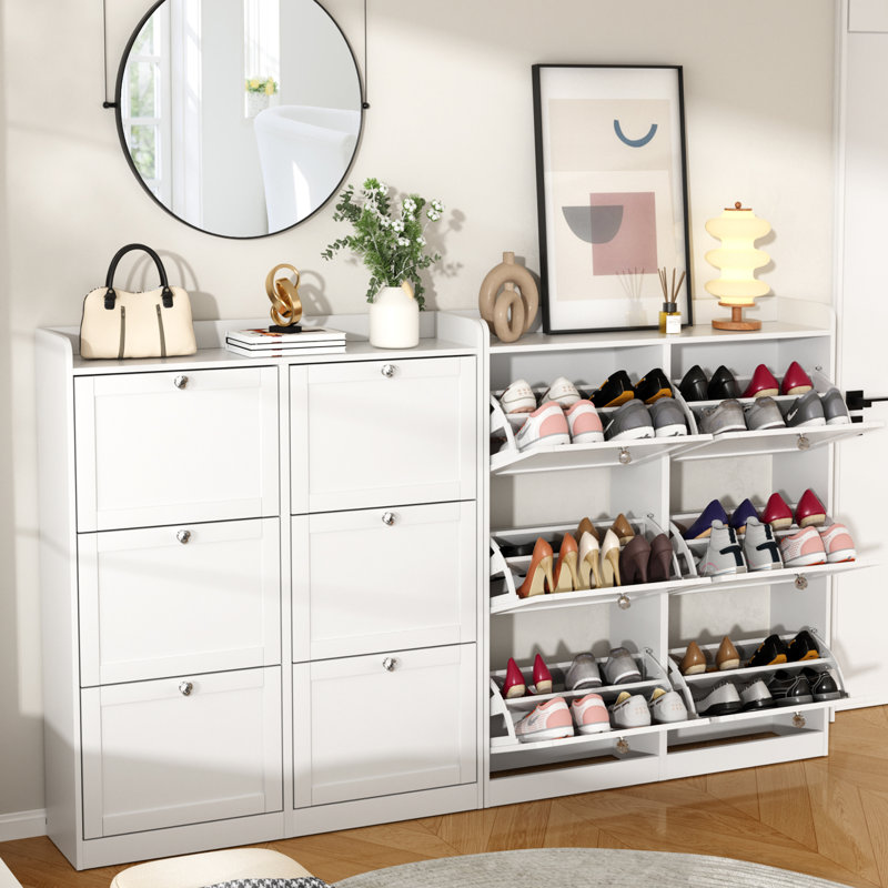 Armoire de rangement étroite pour chaussures avec 6 tiroirs rabattables et plateau de rangement, étagère à chaussures avec poignées en diamant (ensemble de 2)