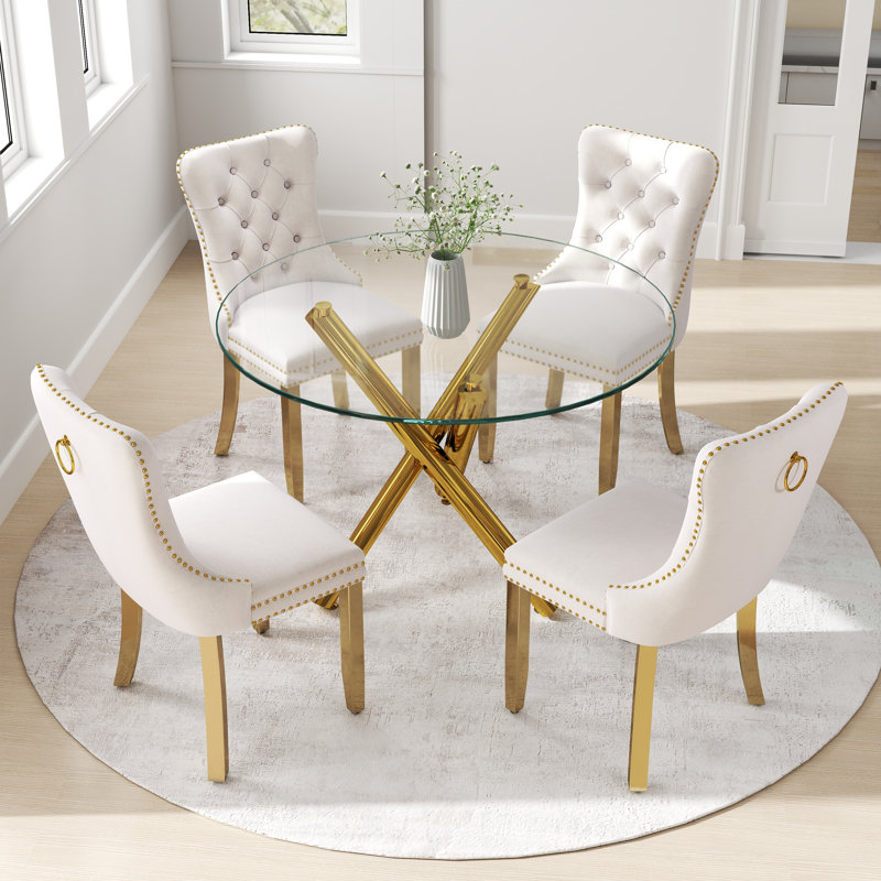 Ensemble de salle à manger à piédestal rond 5 pièces avec chaise capitonnée en velours pour salle à manger et salon, Beige