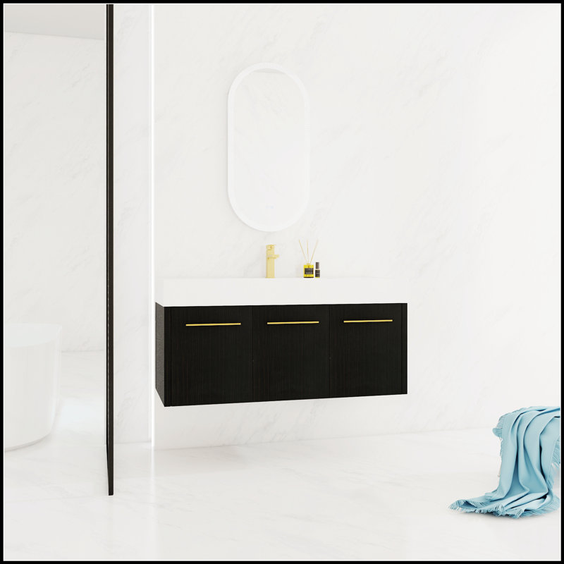 Meuble-lavabo mural de 48 pouces avec lavabo en résine à bords épais, idéal pour les salles de bain modernes et peu encombrantes.