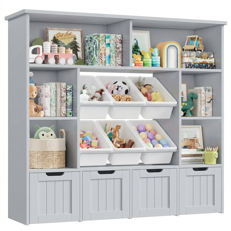 49.4" W Kids Bookcase with 4 Removable Drawers, Cube Organizer, Gray/White