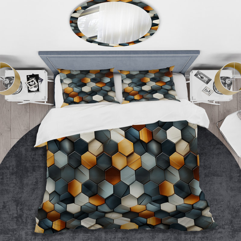 Ensemble de housse de couette orange et gris Hexagons Angularity, Housse de couette pour très grand lit et 2 très