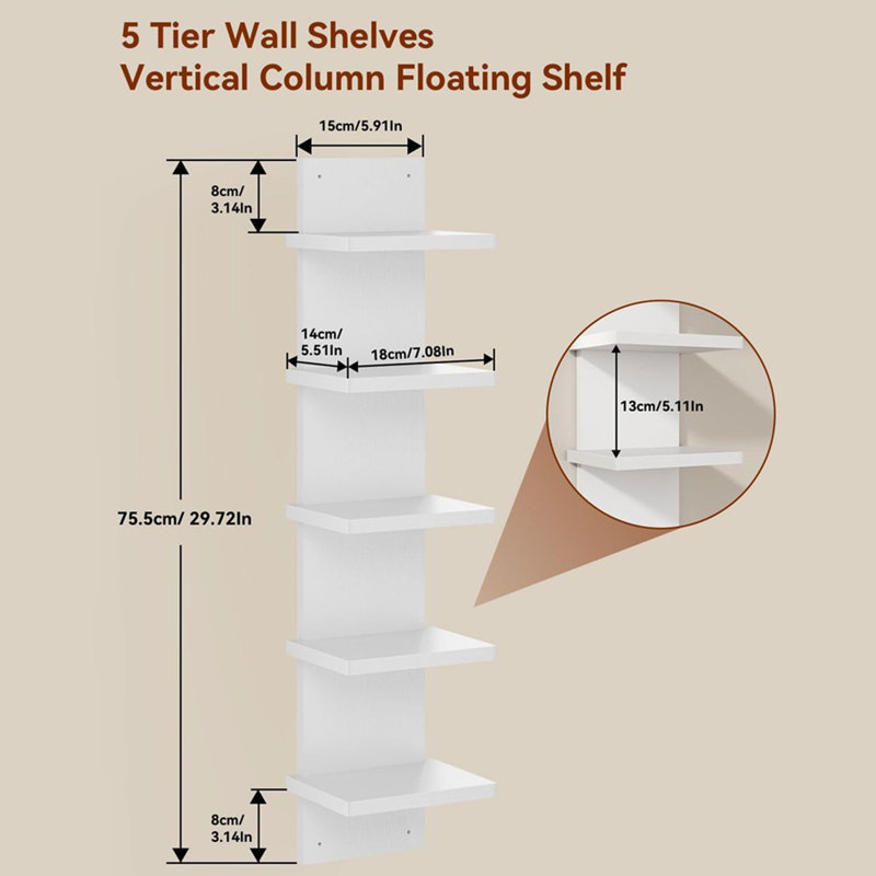 5 Piece Floating Shelf, white