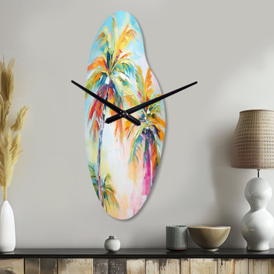 Popart Palm Trees III - Curved Shape Large Multi-Colour Wall Clock Sculpture