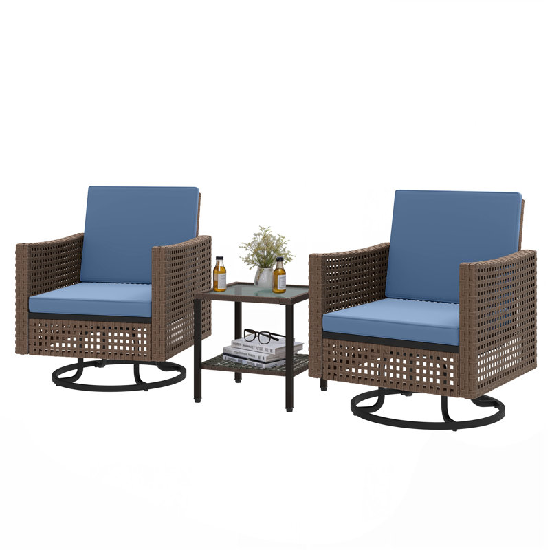 Outdoor Swivel Rocking Chairs With Rattan Side Table, Blue, Dark Brown