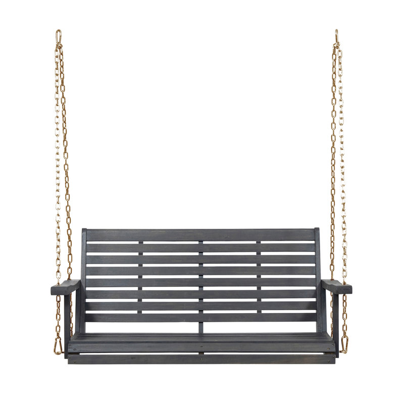 Dark Grey Porch Swing With Wood Frame, Comfortable Slat Seating Swing, Built Solid Wood, Breathable Seat