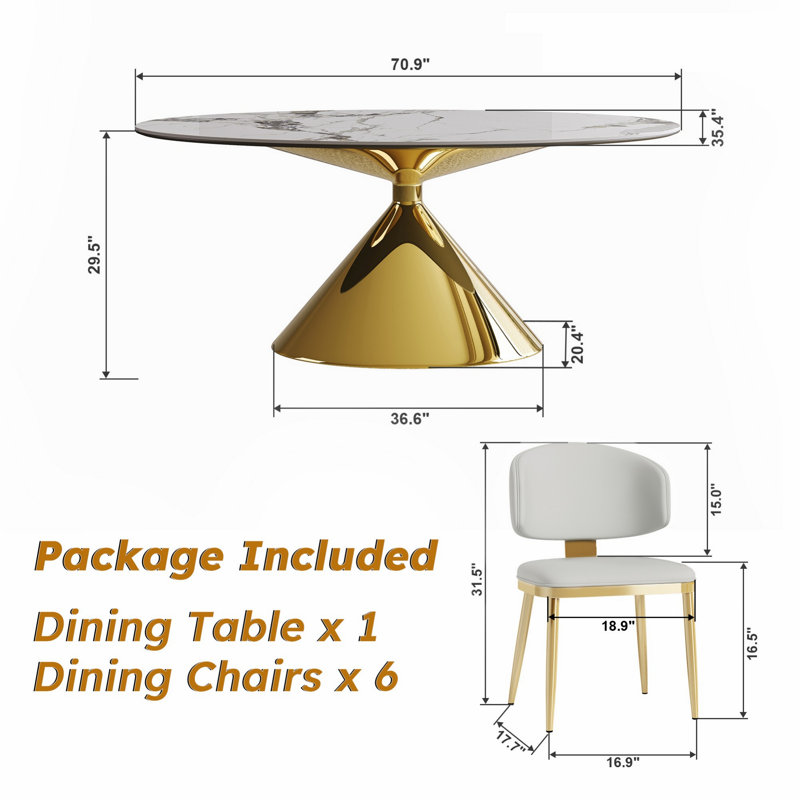 Ensemble de table de salle à manger pour 4 à 6 personnes, table de cuisine ovale avec base en acier inoxydable et 6 chaises pour la salle à manger