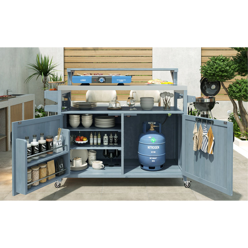 53.3" Outdoor Kitchen Island With Raised Shelf, Solid Wood Storage Cabinet With Stainless Steel Top, Outdoor Rolling Grill Cart With Internal Storage Rack, Adjustable Shelf, Spice Rack, Grey Blue