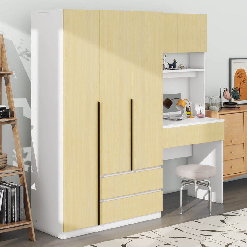 Armoire de bureau à 3 portes en bois avec tablettes et tiroirs, Naturel