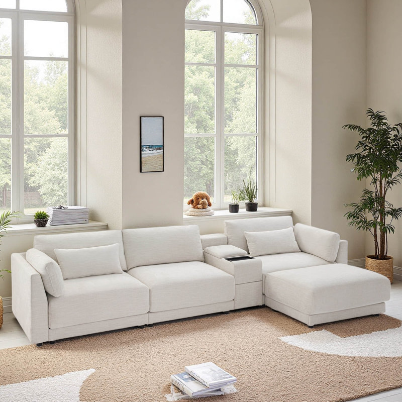 Canapé modulaire de 124 po avec console de rangement et repose-pieds mobile, siège de 33 po de large, canapé en chenille en L de 4 places, canapé confortable réversible avec chargeur USB pour le salon, un appartement
