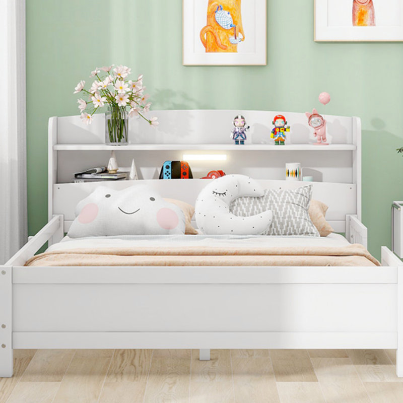 Lit plateforme double en bois avec éclairage à DEL intégré, tête de lit avec rangement et garde-corps, cadre de lit, Blanc
