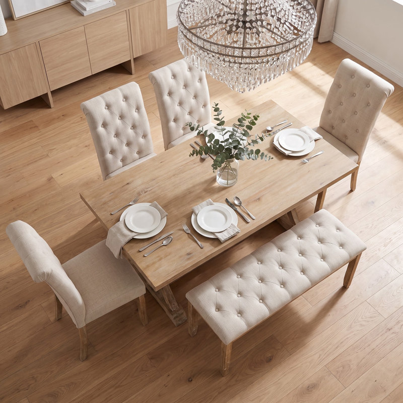 Ensemble de table de salle à manger 6 pièces 6 pièces avec 4 chaises rembourrées et 1 banc, Bois naturel délavé