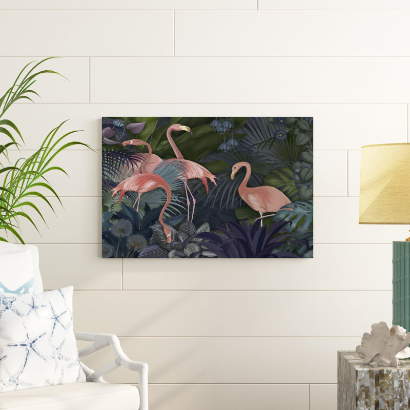 Flamants dans un jardin bleu, H 24 po x l 36 po x P 1 po