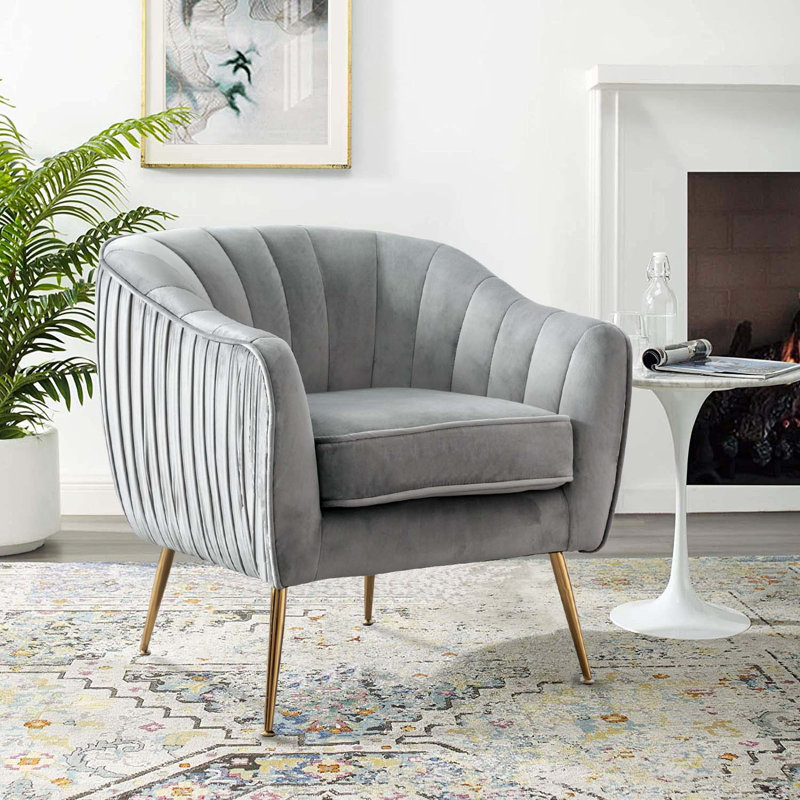 Velvet Accent Chair With Gold Finished Legs, Gray Velvet