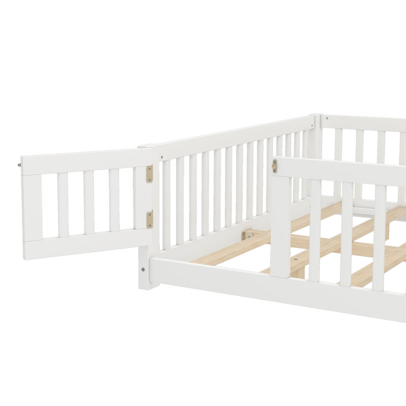 Kids Floor Bed with Safety Guardrails & Door, Low Profile Pine Wood Twin Bed for Children, White, Queen